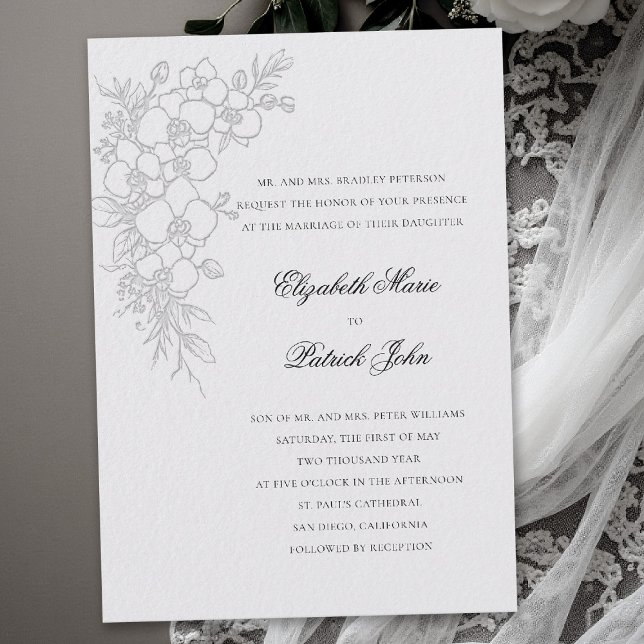 Invitation Valse de l'Orchidée Formel Traditionnel Ivoire Mar (orchid wedding invitation ivory formal waltz modern classic traditional black tie parents hosting)