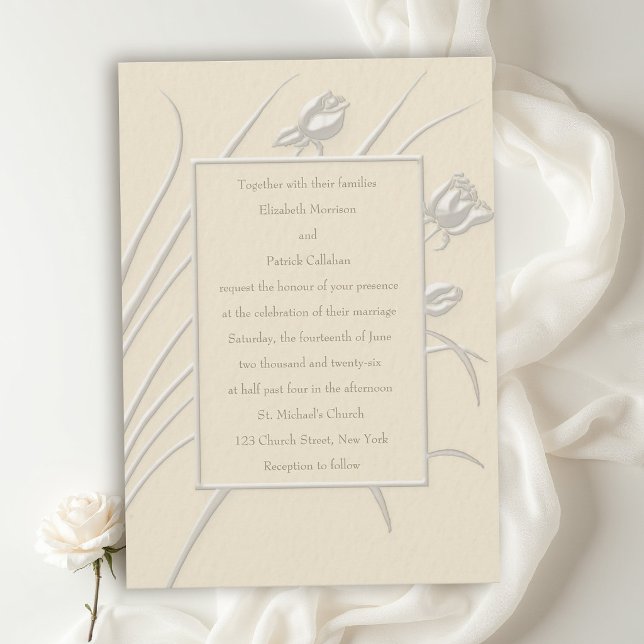 Invitation Valse de Rose Ecru Mariage Formel Moderne Classiqu (modern classic wedding invitation ecru roses waltz formal traditional faux embossed black tux)
