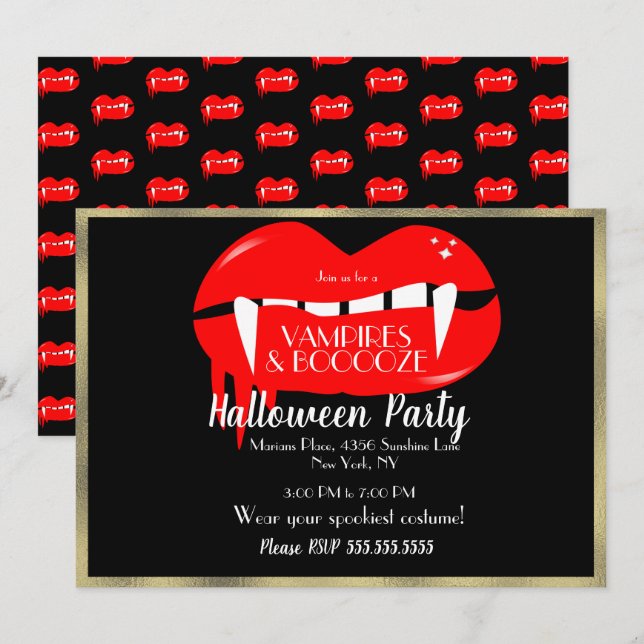 Invitation Vampire d'Halloween adulte Parti Rouge Noir et Or (Devant / Derrière)