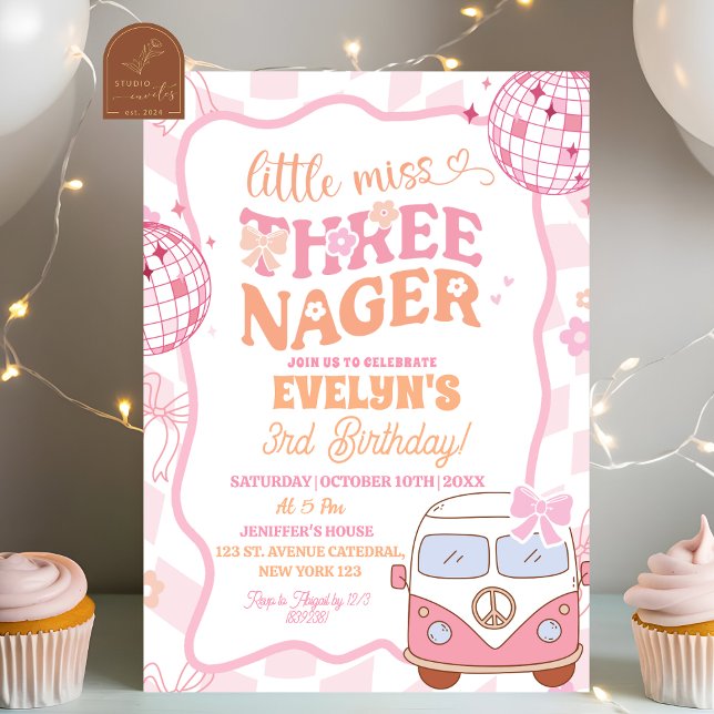 Invitation Van Rétro Pastel Groovy Little Miss Threenager (Créateur téléchargé)