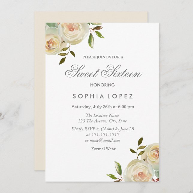 Invitation Vanille Crème Blanche Roses Élégant Sweet 16 Party (Devant / Derrière)