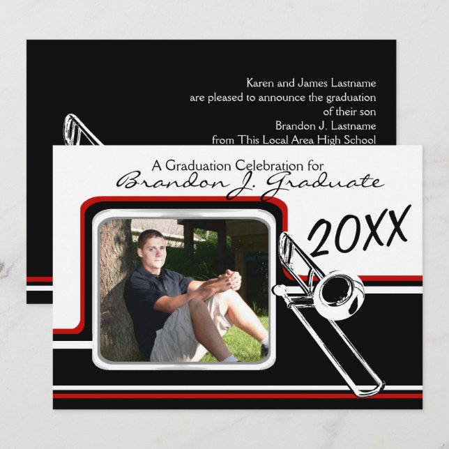 Invitation Varsity Band Trombone Graduation Photo Rouge (Devant / Derrière)