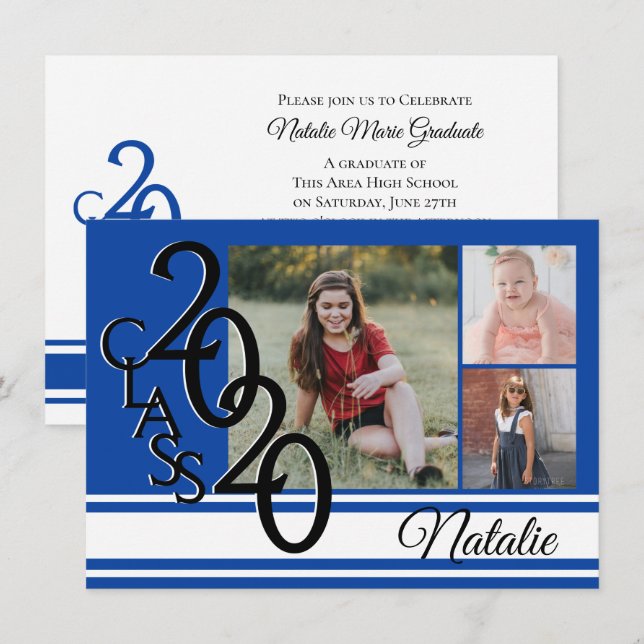 Invitation Varsity Blue 2020 Graduation Tri Photo (Devant / Derrière)