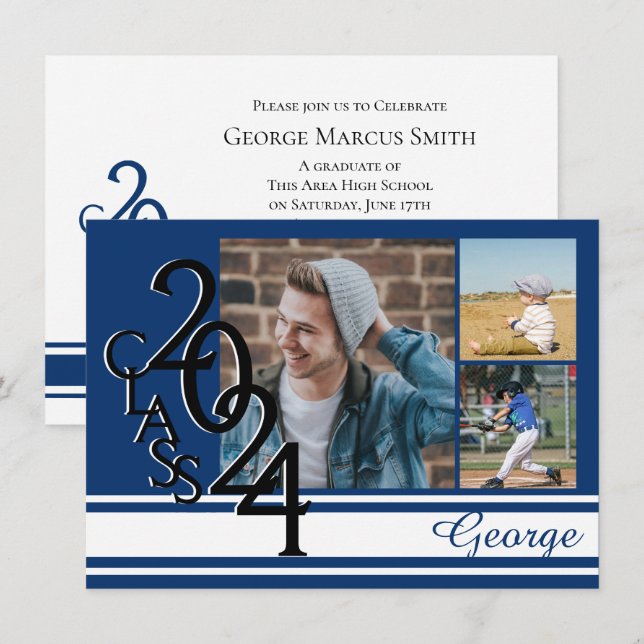 Invitation Varsity Blue 2024 Graduation Tri Photo (Devant / Derrière)
