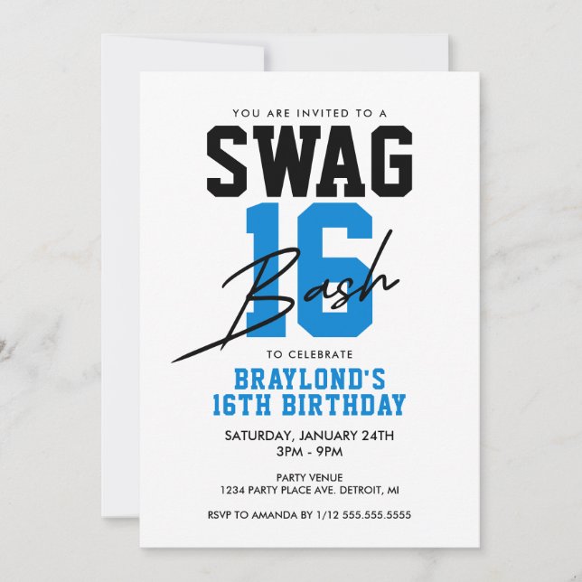 Invitation Varsity Style Blue Swag 16 Anniversaire (Devant)