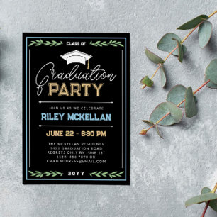 Invitation Varsity Typography Black Blue Graduation Party