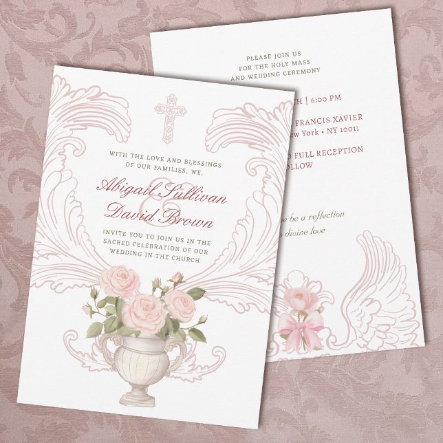 Invitation Vase de roses délicates mariage catholique (Créateur téléchargé)