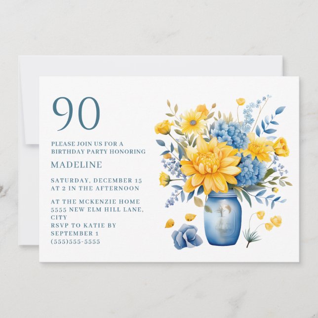 Invitation Vase Fleurs Jaunes Bleues 90e Anniversaire (Devant)