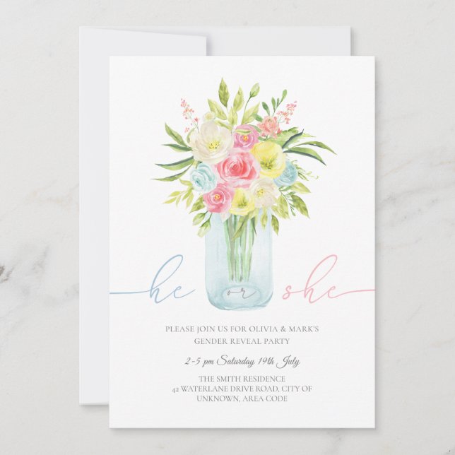 Invitation Vase florale bleu et rose Genre Reveillez Invitati (Devant)