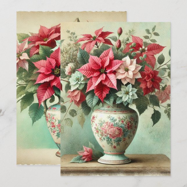 Invitation Vase Vintage d'aquarelle de Poinsettia (Devant / Derrière)
