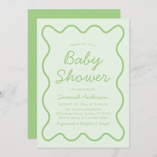 Invitation Vastes Moderne Courbe Retro Sage Baby shower Vert (Devant / Derrière)