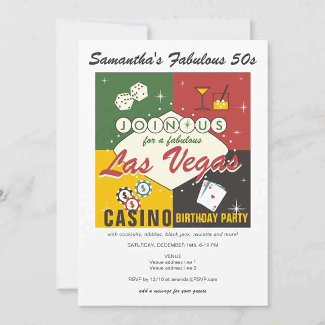 Invitation Vegas Casino Poker Nuit Fabuleux fête d'anniversai (Devant)
