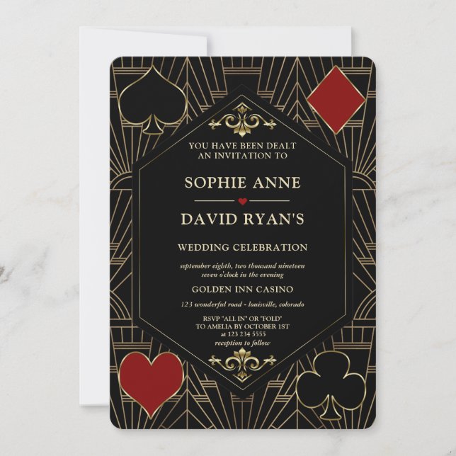 Invitation Vegas Gold Art Deco Casino QR Code Poker Wedding  (Devant)