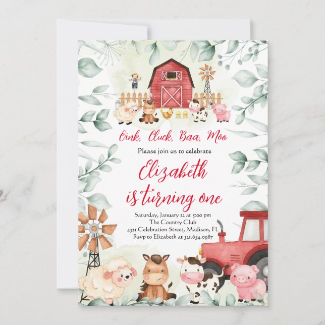 Invitation Végétal Animaux de ferme Barnyard Red Boy Annivers (Devant)