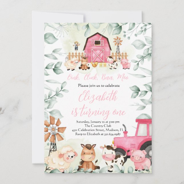 Invitation Végétal Animaux de ferme Barnyard Rose Girl Annive (Devant)