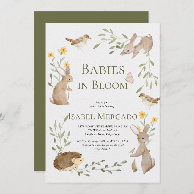 Invitation Végétal animaux de la forêt bois Bébés en fleurs (Devant / Derrière)