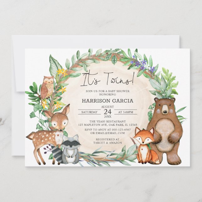 Invitation Végétal Floral Bois Animaux Jumeaux Baby shower (Devant)