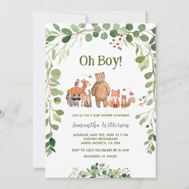 Invitation Végétal Forêt Animaux Baby shower Garçon (Devant)