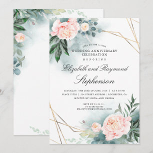 Invitation Végétal Mariage Anniversaire Géométrique Floral Or