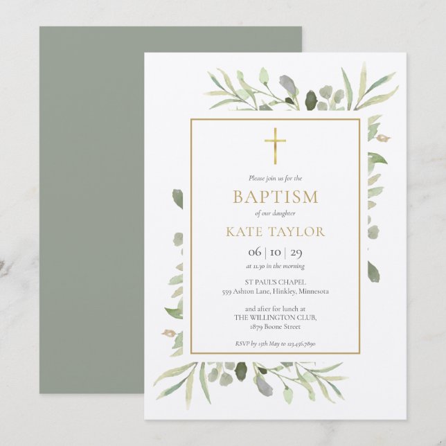 Invitation Végétation aquarelle rustique baptême (Devant / Derrière)