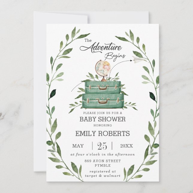 Invitation Végétation Aventure Baby shower Voyage valise (Devant)