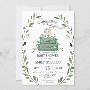 Invitation Végétation Aventure Baby shower Voyage valise