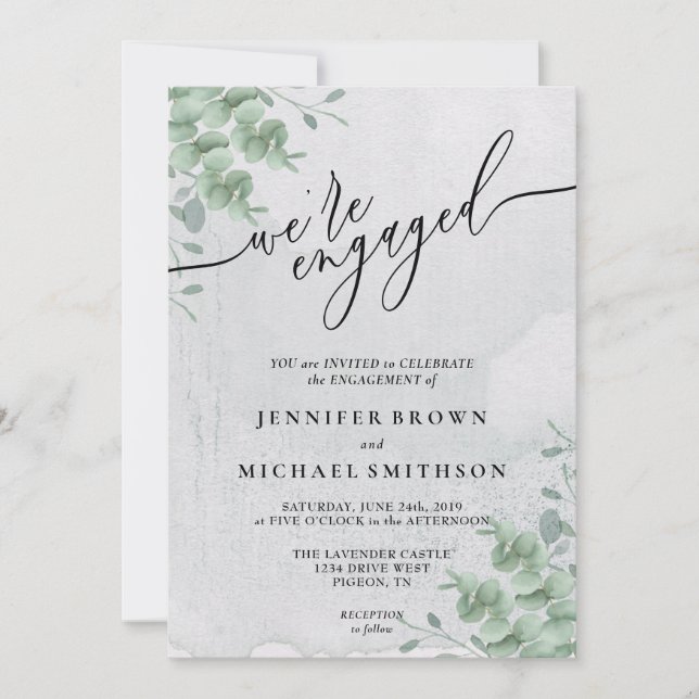 Invitation Végétation Boho Eucalyptus Signature Fiancés (Devant)