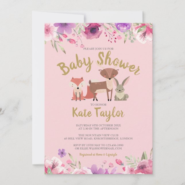Invitation Végétation Bois Animaux Baby shower Floral rose (Devant)