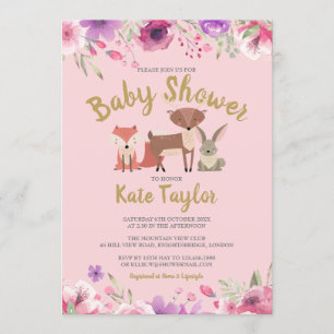 Invitation Végétation Bois Animaux Baby shower Floral rose
