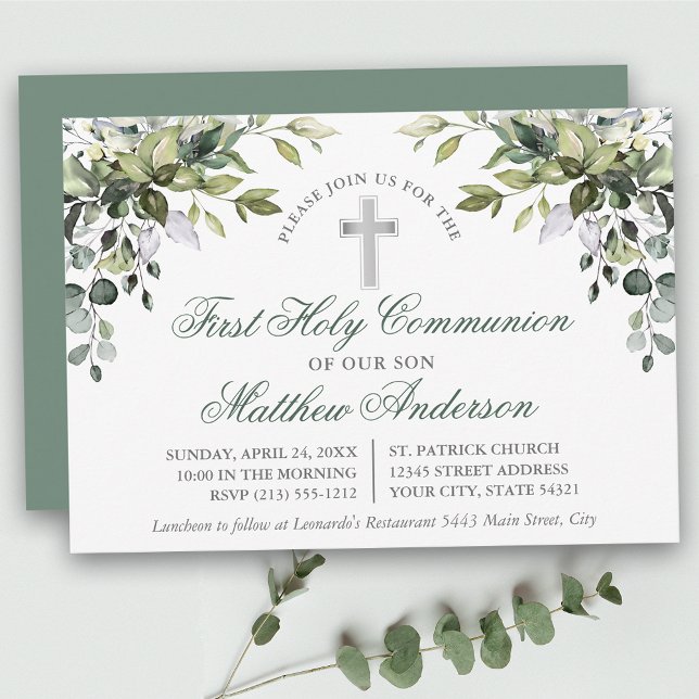 Invitation Végétation botanique Sage Green Première communion (Customize to change text color,  size, style or to change color of back of card.)