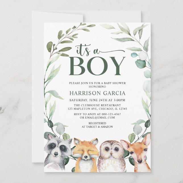 Invitation Végétation C'est un garçon Baby shower d'animaux d (Devant)