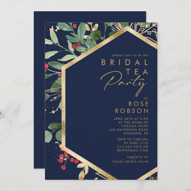 Invitation Végétation de Noël moderne | Navy Bridal Tea Party (Devant / Derrière)