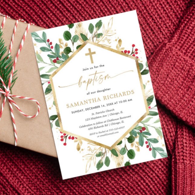 Invitation Végétation de Noël or rouge hollies Baptême (Créateur téléchargé)