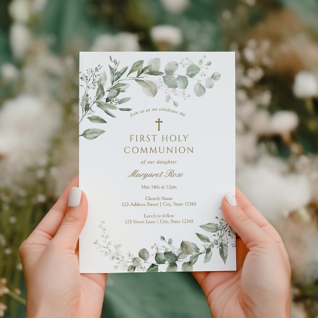 Invitation Végétation d'eucalyptus Première communion Religie (Créateur téléchargé)
