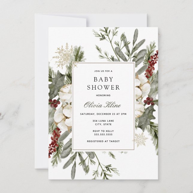 Invitation Végétation d'hiver et Baby shower Floral (Devant)