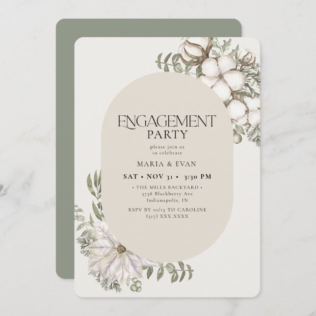 Invitation Végétation d'hiver Fête d'engagement ovale florale (Devant / Derrière)