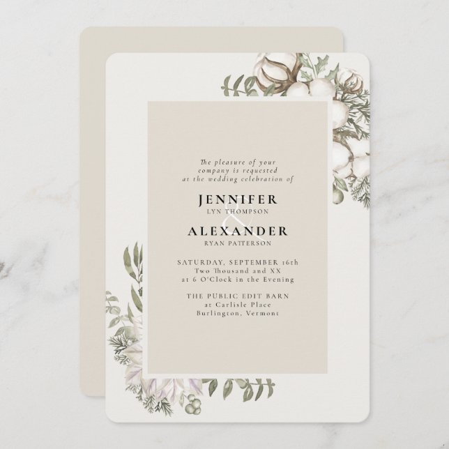 Invitation Végétation d'hiver Floral Ivory Cream Mariage (Devant / Derrière)