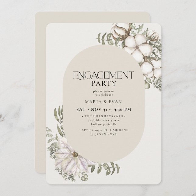 Invitation Végétation d'hiver Floral Oval Ivory Engagement Pa (Devant / Derrière)