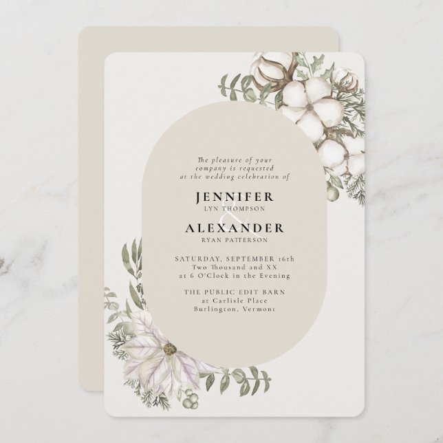 Invitation Végétation d'hiver Floral Oval RSVP QR Code Mariag (Devant / Derrière)