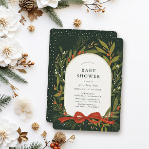 Invitation Végétation d'hiver Wreath Red Bow Green Baby showe