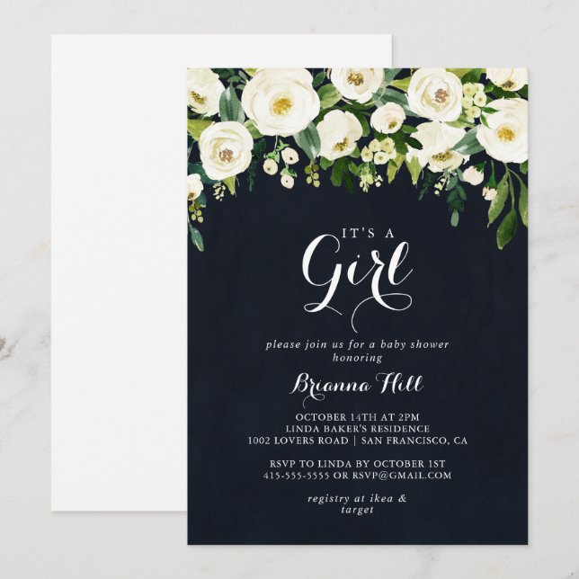 Invitation Végétation Flore blanche C'est une fille Baby show (Devant / Derrière)