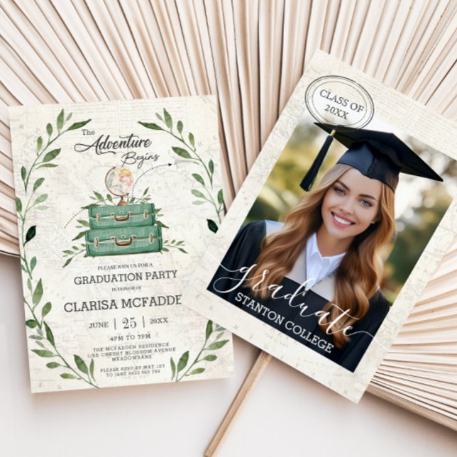 Invitation Végétation Nouvelle aventure Commence Le Voyage Di (the adventure begins wanderlust greenery vintage globe suitcases graduation photograph invitation )