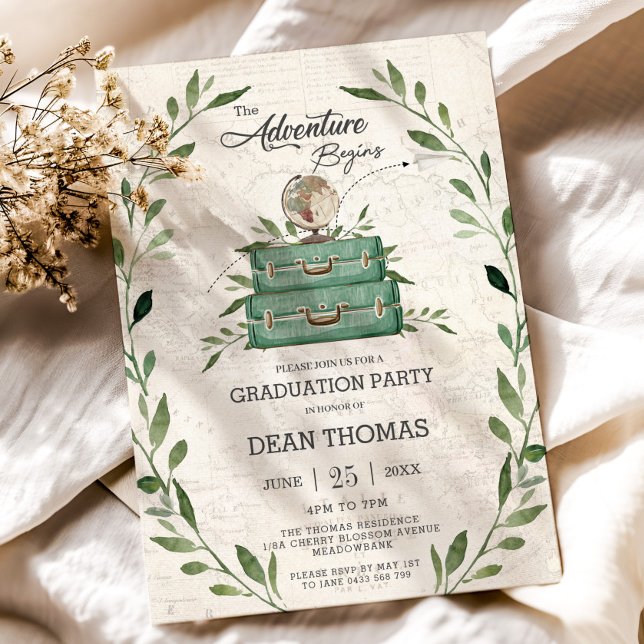 Invitation Végétation Nouvelle aventure Commence Le Voyage Di (the adventure begins greenery suitcases globe graduation party photo picture invitation printed )