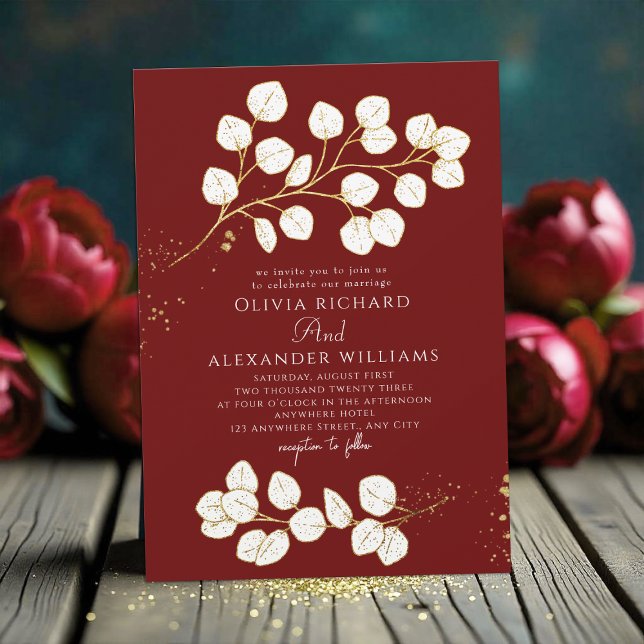 Invitation Végétation Rouge profond Mariage Eucalyptus (Créateur téléchargé)