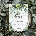 Invitation Végétation rustique sweet sixteen de fleurs succul<br><div class="desc">Fleurs succulentes rustiques feuillage eucalyptus sweet sixteen invitation,  Contactez-moi pour les articles correspondants ou pour la personnalisation,  Roses blush ©</div>