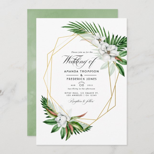 Invitation Végétation tropicale Photo Mariage géométrique (Devant / Derrière)