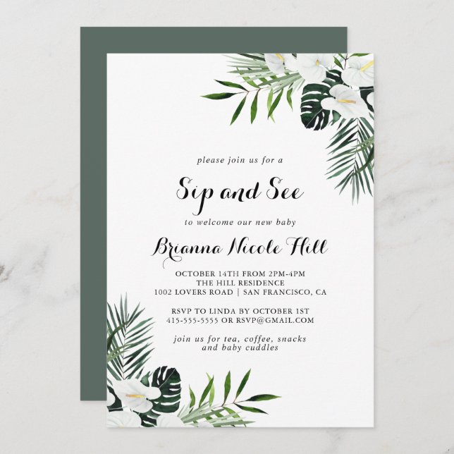 Invitation Végétation tropicale Sip floral blanc et voir (Devant / Derrière)