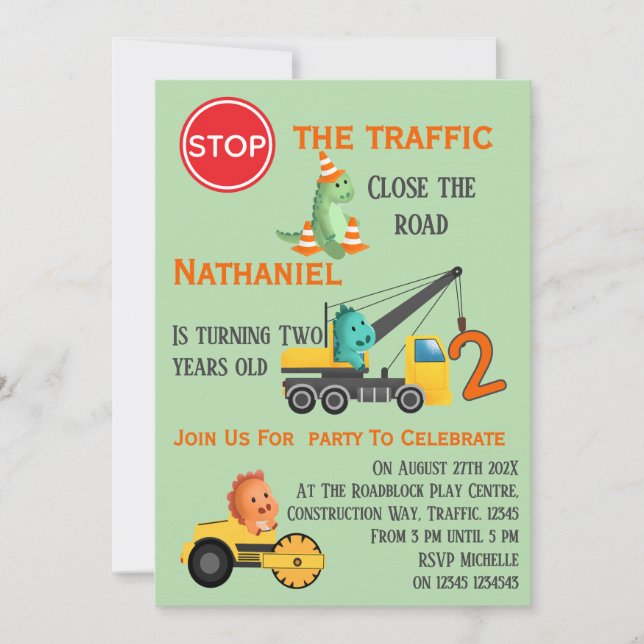 Invitation Véhicule de construction de dinosaure 2e fête d'an (Devant)
