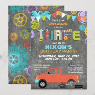 Invitation Véhicule Mécanique Gears Tools Chalkboard Annivers