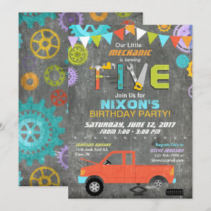 Invitation Véhicule Mécanique Gears Tools Chalkboard Annivers